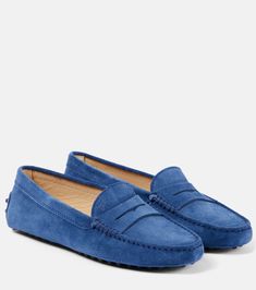 Gommino suede moccasins in blue - Tods | Mytheresa Womens Driving Loafers, Blue Suede Loafers, Cotton Twill Jacket, Tods Shoes, Suede Moccasins, Driving Loafers, Penny Loafer, Driving Shoes, Suede Loafers