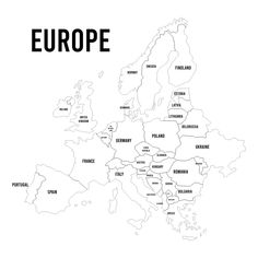 a map of europe with all the major cities and their names in black on a white background