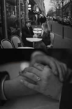 black and white photos of people sitting at tables with their hands on each other's fingers