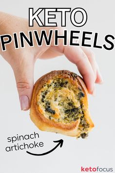 A hand holding a pastry pinwheel with spinach and artichoke in the center. Keto Pinwheels, Spinach Artichoke Pinwheels, Keto Spinach Artichoke, Artichoke Pinwheels, Cheesy Spinach Artichoke Dip, Low Carb Bun, Keto Spinach, Food Flavors