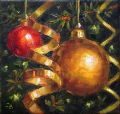 an oil painting of christmas ornaments and ribbons