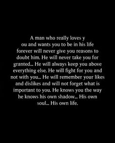 A man who truly loves you will never give you reasons to doubt him. He will fight for you, cherish you, and always put you first. 💕 He'll know you as deeply as his own soul and never take you for granted. 🌟 #RelationshipQuotes #TrueLove #LoveYouDeserve #RelationshipGoals #ForeverLove You Are Not Important To Him Quotes, If A Man Really Loves You Quote, Hes Not There For Me Quotes, She Loved Him More Than He Loved Her, I Want To Be Cherished Quotes, When He Shows He Cares Quotes, If A Man Truly Loves You Quotes, You Are Important To Me For Him, If He Wants You He Will Show You Quotes