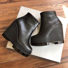 Leather Boots. 2” Platform At Toe, 4.5” Wedge Heel. Made In Paris. Robert Clergerie, Wedge Heels, Leather Boots, Bootie Boots, Ankle Boots, Wedges, Women Shoes, Paris, Boots