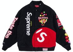 Check out the Supreme Skittles Mitchell Supreme Varsity Jacket, Supreme Jacket, Stud Outfits, Varsity Jacket Black, Supreme Clothing, Varsity Jacket Outfit, Supreme Streetwear, Clothing Brand Logos, Streetwear Jackets