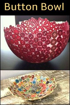 two pictures with buttons on them and the words button bowl in front of it, next to an image of a bowl made out of buttons