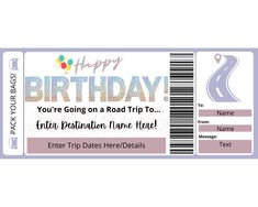 a birthday ticket with the words happy birthday on it and a road in the background