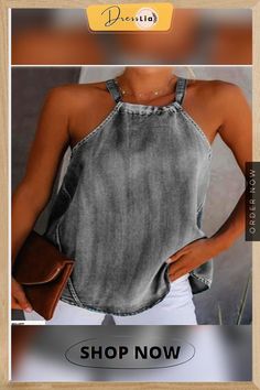 Fashion Trend Women Ladies Sexy Halter Denim Imitation Jean Vest Solid Color Lace Up Sleeveless Casual Top Tanks Camisole Gray Stretch Summer Camisole, Gray Stretch Camisole For Summer, Summer Stretch Gray Camisole, Gray Sleeveless Camisole For Summer, Trendy Gray Cami Tank Top, Trendy Solid Color Summer Tank Top, Stretch Cotton Sleeveless Denim Vest, Stretch Sleeveless Medium Wash Denim Top, Summer Stretch Cotton Denim Vest