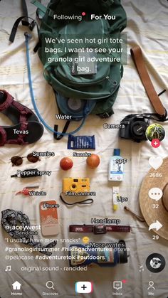 the contents of a backpack are laid out on top of a bed with text above it