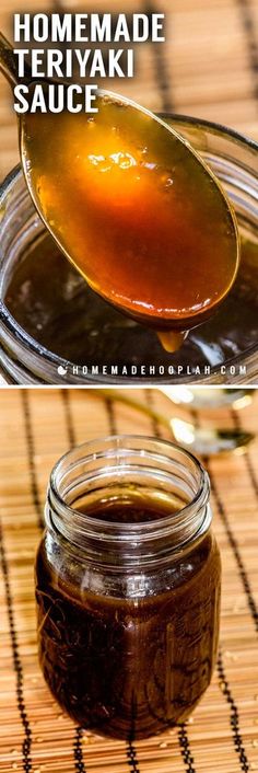 homemade teriyaki sauce in a glass jar with a spoon full of it and the recipe below