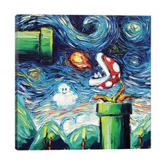 a painting of a mushroom on top of a trash can in front of a starry night