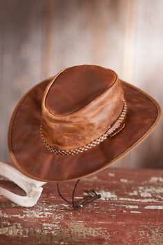 Its “broken-in” distressed leather that crushing, folding, and packing never alters, this lightweight, waxy leather hat. Free shipping + returns. Diy Leather Hat, England Women, Mens Western Wear, Hippie Hat, Leather Cowboy Hats, Fedora Hat Men, Fur Hats, Rodeo Outfits, Leather Hat