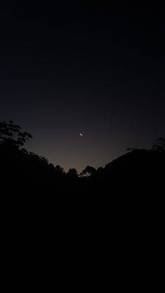 the moon is setting over some trees in the dark night sky with no one on it