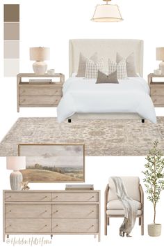 Neutral primary bedroom decor mood board! This bedroom has a neutral color palette and is so cozy and inviting! Bedroom decor ideas with neutral tones Bedroom Board Ideas, Light Blue Primary Bedroom, Light Blue Brown Bedroom, Coastal Aesthetic House, Masters Bedroom Interior Design, Home With Blue Accents, Utah Bedroom, Transitional Modern Bedroom, Nyc Room