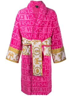 hot pink cotton all-over logo print signature Barocco print shawl lapels long sleeves tied waist Versace Pink, Terry Robe, Versace Logo, Versace Home, Designer Lingerie, Saks Fifth Avenue, Designing Women, Versace, Hot Pink