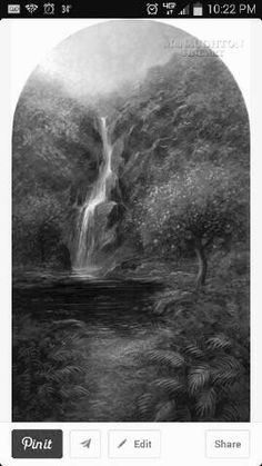 a painting of a waterfall in the middle of a forest with trees and flowers around it