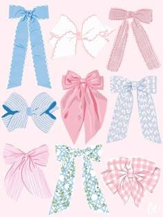 an assortment of different bows on a pink background