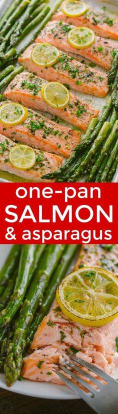 one pan salmon and asparagus on a white plate with a red banner in the middle