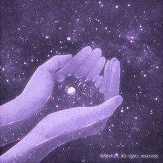 two hands reaching towards each other in the middle of space with stars all around them