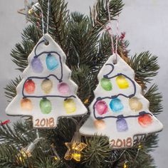 two christmas ornaments hanging from a tree with lights on it's sides and the year 2010 written on them