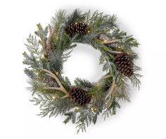 a christmas wreath with pine cones and lights