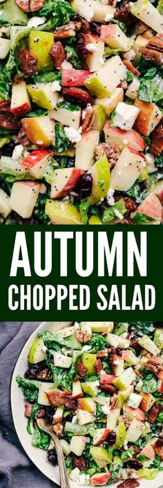 an image of autumn chopped salad with apples and other vegetables in the background text reads, autumn chopped salad