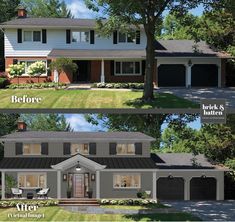 before and after pictures of a house with two garages on the front, one in the back