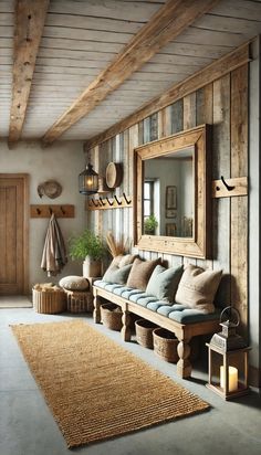 a wooden bench sitting next to a mirror on top of a wall in a living room