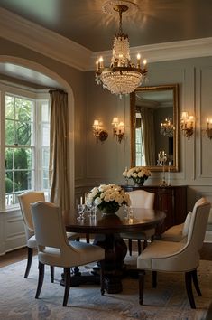 a formal dining room with chandelier and chairs