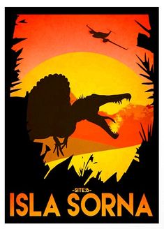 there is a poster with an image of a dinosaur in the sun and another bird flying over it