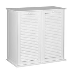 a white cabinet with shutters on the front and bottom doors, one door open