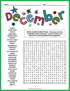 the december word search is shown in this green and white printable activity sheet for kids