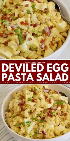 two bowls filled with pasta and topped with bacon