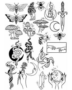 an image of different types of tattoos on a white background with black and white ink