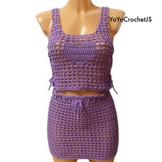 A beautiful purple crochet mesh set including mini skirt and top. Ideal for the beach or festivals. The top as shown in photos has lace detail to make it fit better to your body. Same as the skirt, has a tie lace. Mini Skirt And Top, Mesh Crochet, Purple Crochet, Skirt And Top, Crochet Heart, Skirt Top, Lace Detail, Crochet Bikini, Mini Skirt