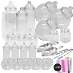 the baby bottles and feeding utensils are ready to be filled with liquid or powder