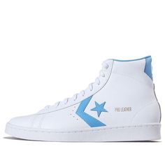 Looking for a classic sneaker with a touch of modern style? Check out the Converse Pro Leather Hi 'White Blue'! This sneaker is a re-imagining of the silhouette made famous by Julius 'Dr. J' Erving in the late '70s, and it's perfect for anyone who loves a retro look with a few modern accents. The shoes are rendered in a simple two-tone color scheme, with a pristine white base and Coast Blue hits on the Converse branded heel tab and signature Star Chevron logo. 'Pro Leather' is inscribed in gold foil lettering on the quarter panel, adding a touch of luxury to this already stylish sneaker. (SNKR/Unisex) Modern High-top Skate Shoes With Gum Sole, Classic High-top Skate Shoes With Abzorb Midsole, Classic High-top Converse Sneakers, Converse Custom Mid-top Sneakers With Contrast Sole, Converse Mid-top Custom Sneakers With Contrast Sole, Classic Converse High-top Sneakers For Sports, White Leather Basketball Shoes With Vulcanized Sole, Converse High-top White Sneakers With Perforated Toe Box, White Converse High-top Sneakers With Perforated Toe Box