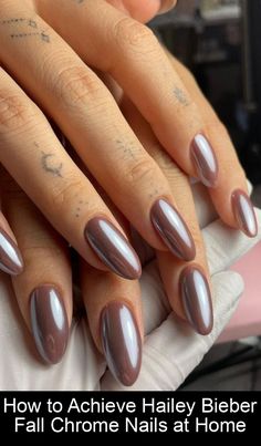 Here’s how to get the Hailey Bieber fall chrome nails look in a few easy steps. Tutorial for gel nails at home! #purplenaildesigns Chic Fall Nails Almond, Brown Polish With Chrome, Chocolate Glazed Nails Hailey Bieber, Hailey Bieber Nails Brown Glazed, Hailey Bieber Donut Glaze Nails, Brown Sugar Spice Nails, Glaze Nails Hailey Bieber, Glazed Color Nails, Hailey Beiber Nails Brown