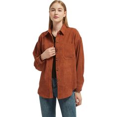 Stay comfortable and stylish all day long with our loose-fitting long jacket, designed to keep you soft and fashion-forward. This corduroy shirt jacket features a button-down front, breast pocket, and a solid, warm design perfect for the fall season. Brown Long Sleeve Shacket With Buttoned Pockets, Brown Shacket With Buttoned Pockets, Brown Cotton Outerwear Solid Color, Brown Single Breasted Cotton Shacket, Brown Single-breasted Cotton Shacket, Brown Cotton Solid Color Outerwear, Brown Solid Color Cotton Outerwear, Brown Collared Single Breasted Shacket, Brown Casual Shacket With Relaxed Fit