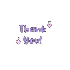 the words thank you are written in purple and pink colors on a white background with hearts