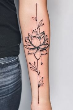 Lotus flower tattoo with geometric lines and leaves on a person's forearm. Unique Lotus Flower Tattoo, Tiny Lotus Tattoo, Lotus Flower Tattoo Ideas, Lotus Outline, Lotus Flower Tattoos, Lotus Artwork, Small Lotus Tattoo, Lotus Flower Tattoo Design, Feminine Spirituality