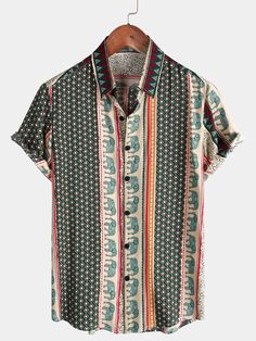 Men's Striped Elephant Print Retro Button Up Green Top Short Sleeve Sh – Atlanl Bohemian Multicolor Shirt For Vacation, Green Camp Collar Shirt For Summer, Casual Tops With Random Print For Summer, Casual Summer Tops With Random Print, Multicolor Camp Collar Tops For Summer, Relaxed Fit Multicolor Short Sleeve Shirt For Vacation, Multicolor Relaxed Fit Short Sleeve Shirt For Vacation, Hawaiian Patterned Shirt For Vacation, Patterned Hawaiian Shirt For Vacation