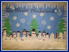 a bulletin board with snowmen and trees in the background that says our winter wonderland