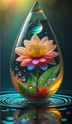 a water drop with a flower in it and some bubbles floating on the surface next to it