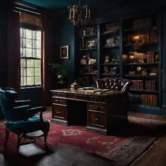 an old fashioned desk and chair in a room with bookshelves, windows, and rug