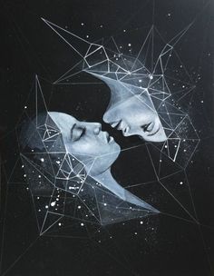 two people kissing each other in front of a black background with white lines and stars