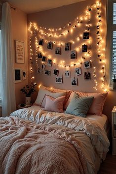 a bedroom decorated with lights and pictures on the wall above the bed, along with other decorations