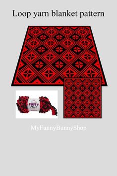 a red and black afghan with the words loop yarn blanket pattern on it's side