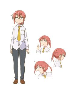 an anime character with red hair and glasses standing next to another character wearing a tie