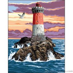 a cross stitch lighthouse on top of a rock in the ocean with a bird flying over it