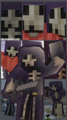 several different pictures of some people in minecraft style outfits and one is holding a skull